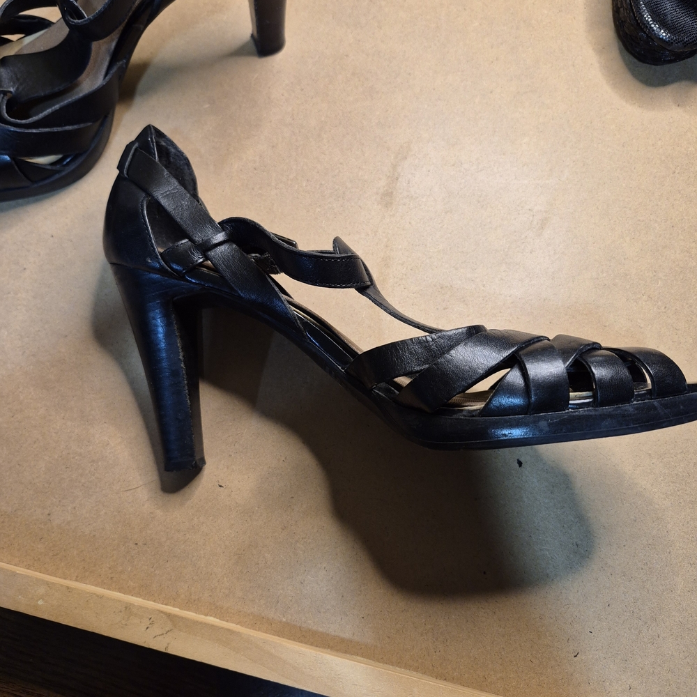 Black Woven Strappy Heels with Ankle Buckle - Women's Dress Sandals - Read - Picture 9 of 9